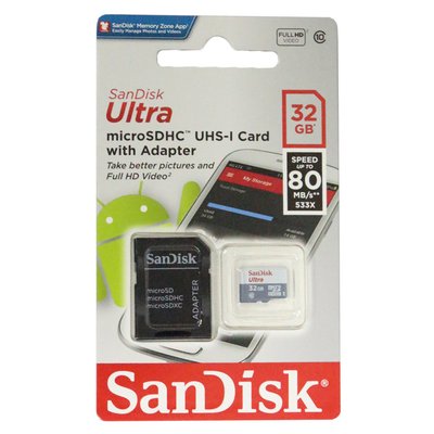 Карта памяти SanDisk 32GB Ultra microSDHC UHS-I class 10 80MB/s 533x + adapter SanDisk microSDHC 32GB фото